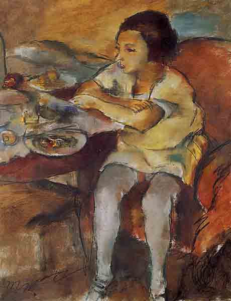 Jules Pascin, Dipinto di un bambino seduto a un tavolo Stima Jules Pascin gratuita
