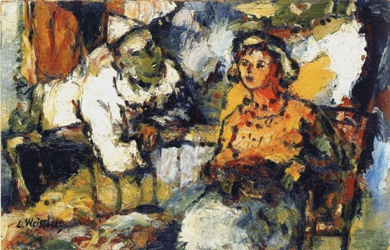 Clown e giovane ragazza al balcone, di Léon Weissberg Stima Léon Weissberg gratuita