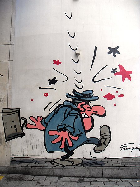 Mur BD Gaston Laggaffe, de André Franquin. Lugar: Rue de l'Ecuyer 9 (Schildknaapstraat 9), Bruselas. Superficie: ± 39 m². Realización: Oreopoulos G. y Vandegeerde D. Año: Febrero 2007 Tasación André Franquin gratuita