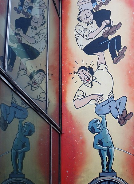 Mur BD Bob et Bobette, Willy Vandersteen. Lieu : Rue de Laeken 116 (Lakensestraat 116) avec Rue du Pont neuf, Bruxelles